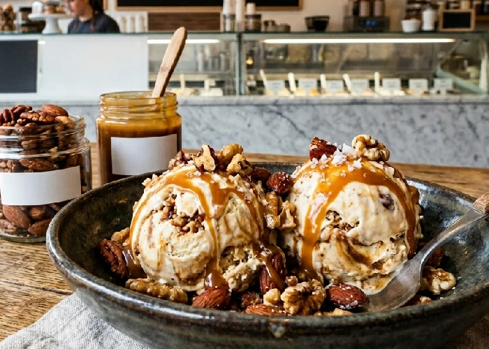 Gourmet ice cream brands featuring roasted nuts and butterscotch toppings.
