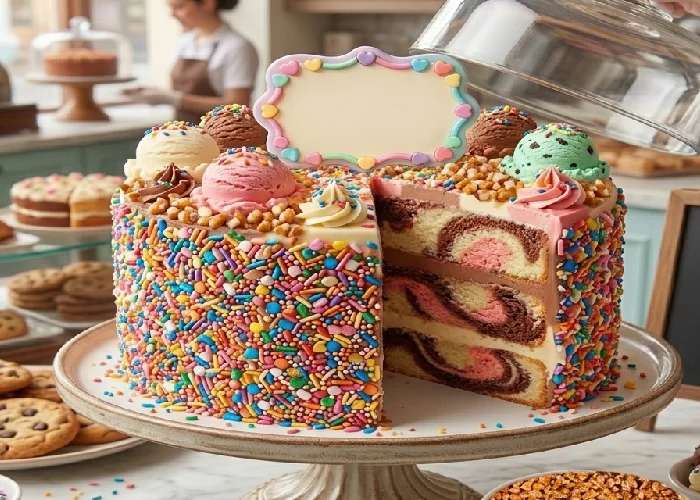 Sprinkles ice cream style cake for bakery display.