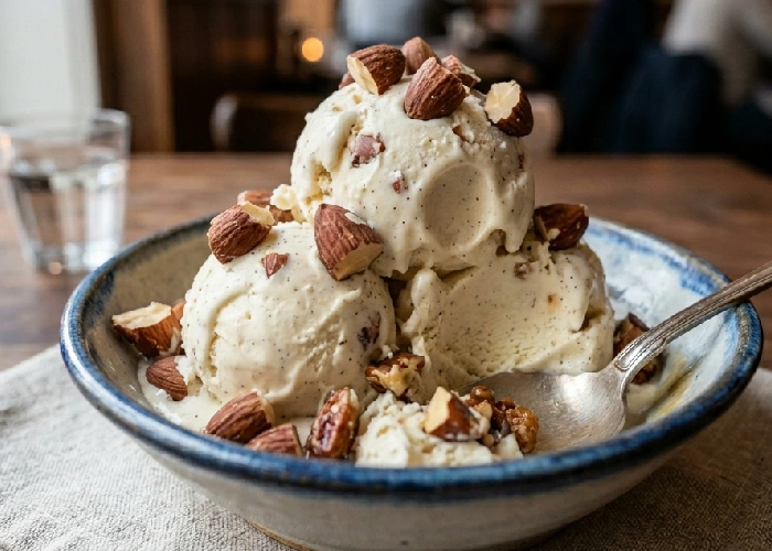 Close up of almond ice cream with roasted nut chunks.