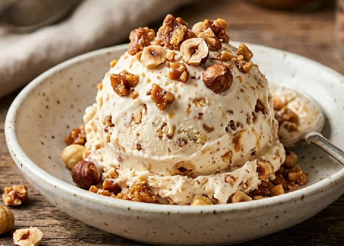 Crunchy praline and nut inclusions in a creamy ice cream base.