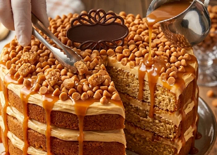 Cake toppings applied to a gourmet dessert layer.